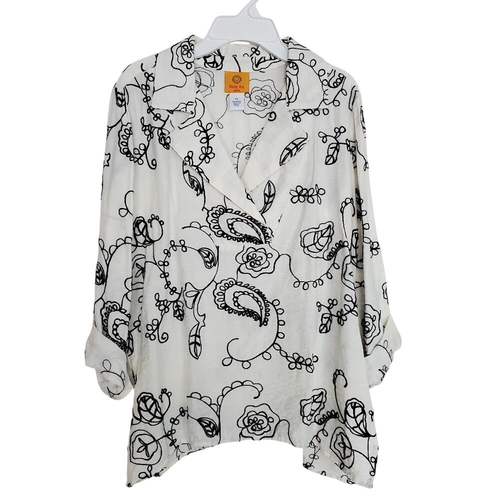 Ruby Rd Embroidered Tunic Top Ivory Black Dramatic Lapel Collared Relaxed Fit PS